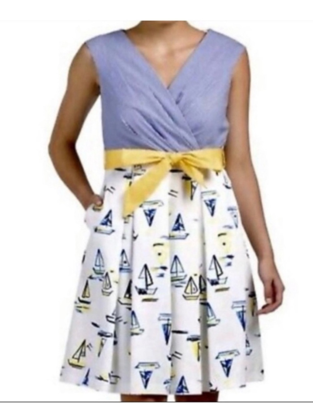 NWT Chetta B Blue Yellow Cotton Pleated Mini Dress Nautical Boat Women’s US 12